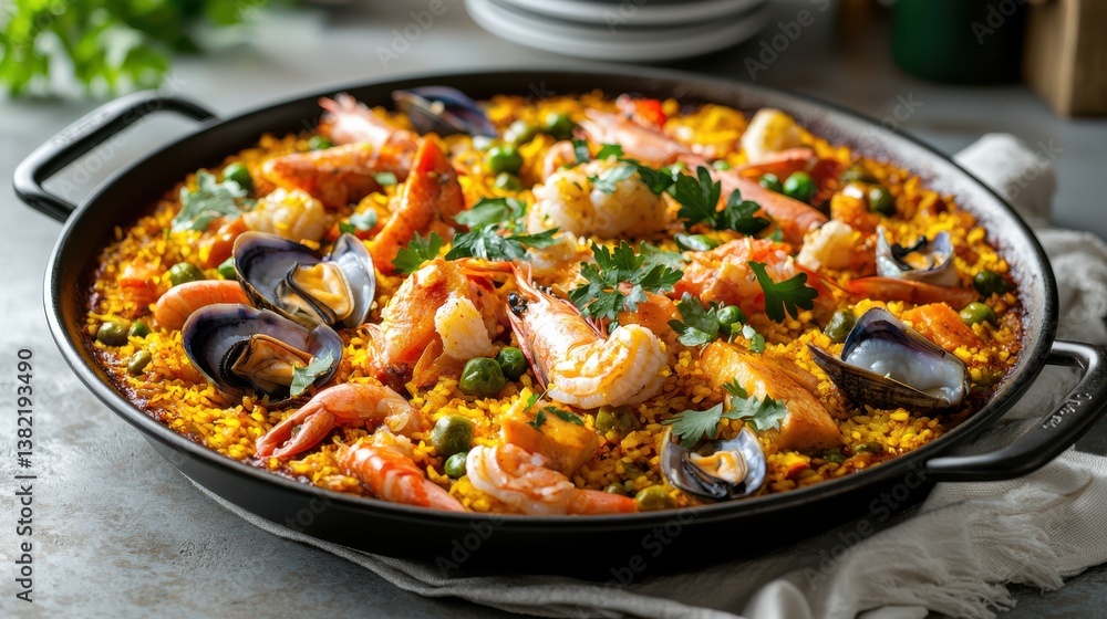 Delicious Seafood Paella with Rice and Fresh Vegetables in a Pan Delicious Seafood Paella with Rice and Fresh Vegetables in a Pan