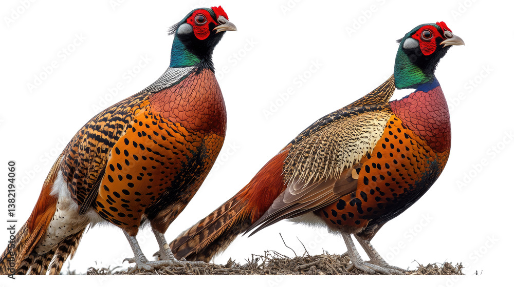 Fototapeta premium Pair of Pheasants: A vibrant pair of pheasants showcasing their colorful plumage, capturing a moment of natural beauty.