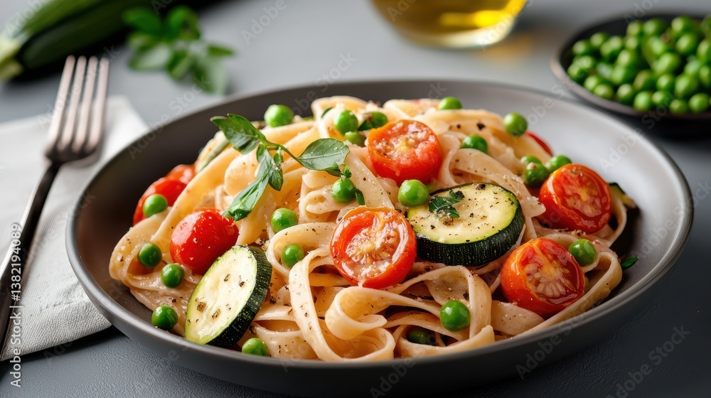 Delicious Plate of Pasta with Fresh Vegetables and Peas in Harmony Delicious Plate of Pasta with Fresh Vegetables and Peas in Harmony