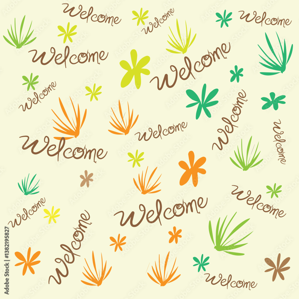 seamless pattern with leaves and flowers with welcome text seamless pattern with leaves and flowers with welcome text
