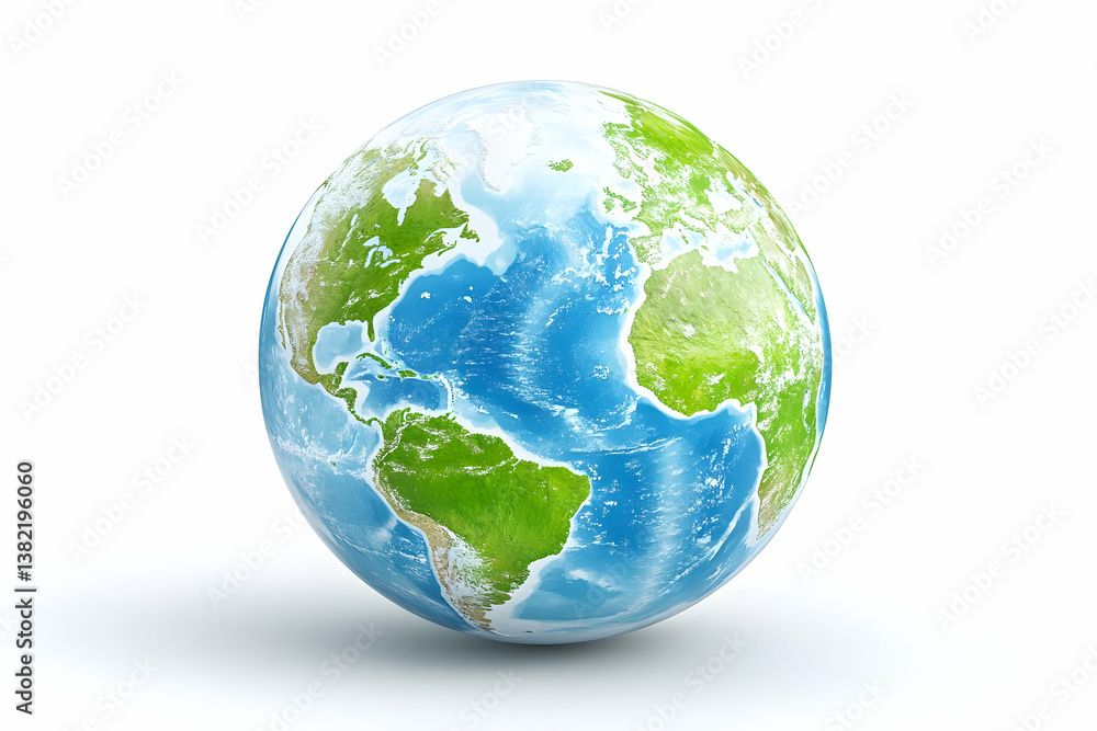 Fototapeta premium Detailed 3D rendering of Earth, showcasing continents and oceans against a white backdrop