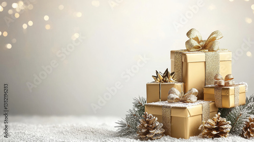 Christmas gifts stacked elegantly with golden wrapping and bows, surrounded by pinecones and snow, creating festive and warm atmosphere for holiday season