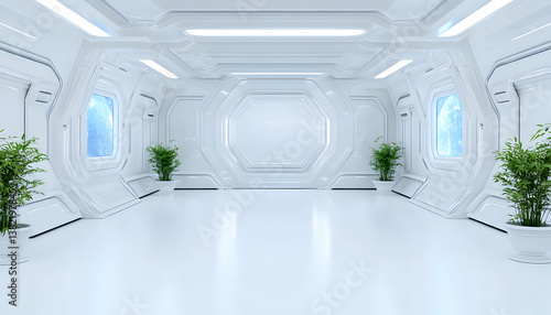 Fototapeta Naklejka Na Ścianę i Meble -  Futuristic white spaceship interior with plants and portholes