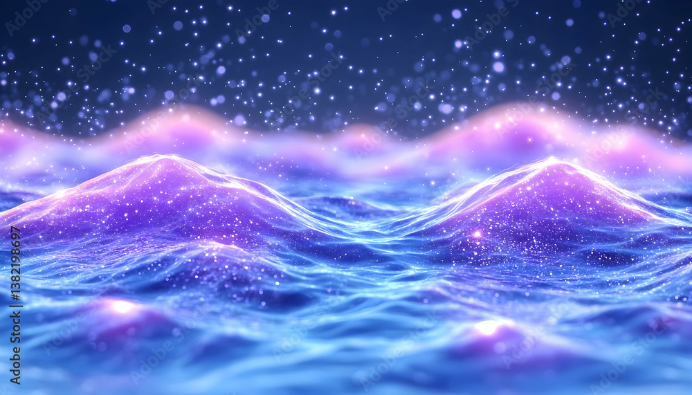 Fototapeta premium Glowing purple and blue abstract landscape with particles