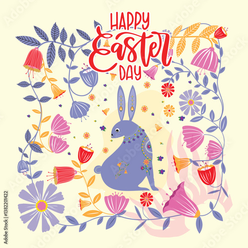A whimsical illustration of a decorated blue rabbit surrounded by colorful flowers, with the text "Happy Easter Day" in vibrant red.