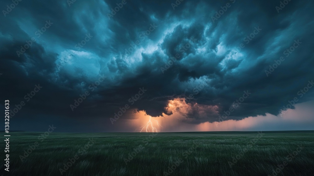 Obraz premium Dramatic thunderstorm over a prairie with lightning strikes near the horizon