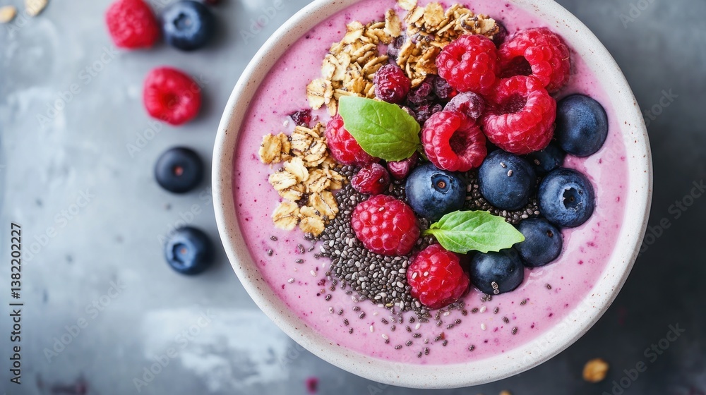 Nutritious smoothie bowl adorned with fresh berries, granola, and chia seeds for a wholesome breakfast Nutritious smoothie bowl adorned with fresh berries, granola, and chia seeds for a wholesome breakfast