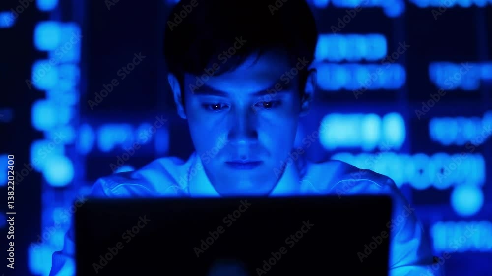 Focused young professional analyzing data on a laptop with a blue digital background Focused young professional analyzing data on a laptop with a blue digital background