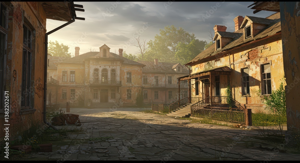 Fototapeta premium Sunlit Ruins: A Forgotten Village's Silent Story