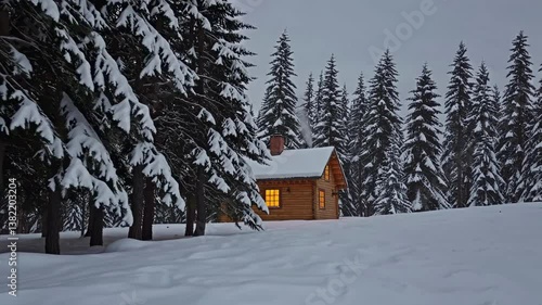 Wallpaper Mural Snowy cabin in a winter landscape surrounded by tall evergreen trees Torontodigital.ca