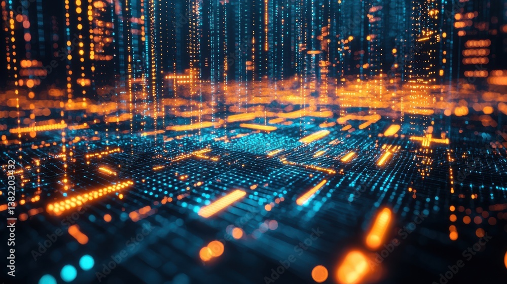 A digital landscape featuring vibrant blue and orange lights, resembling data flow or a futuristic network. A digital landscape featuring vibrant blue and orange lights, resembling data flow or a futuristic network.