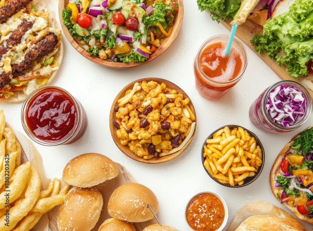 Overhead Flat Lay of Diverse Fast Food and Healthy Options Overhead Flat Lay of Diverse Fast Food and Healthy Options