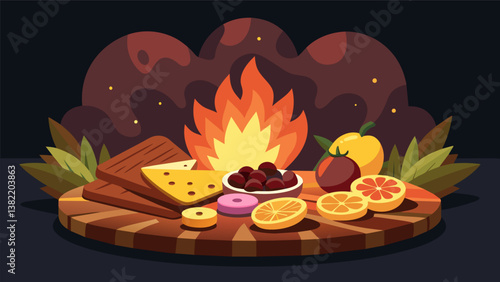 A charcuterie board laden with dried fruits nuts and artisanal cheeses lit by the flickering flames of the fireplace.. Vector illustration