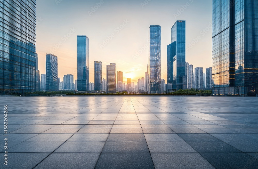 Modern City Skyline at Sunrise with Empty Plaza and Reflections Modern City Skyline at Sunrise with Empty Plaza and Reflections