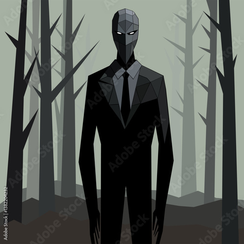 Slender Man in Suit in the Forest Vector Illustration