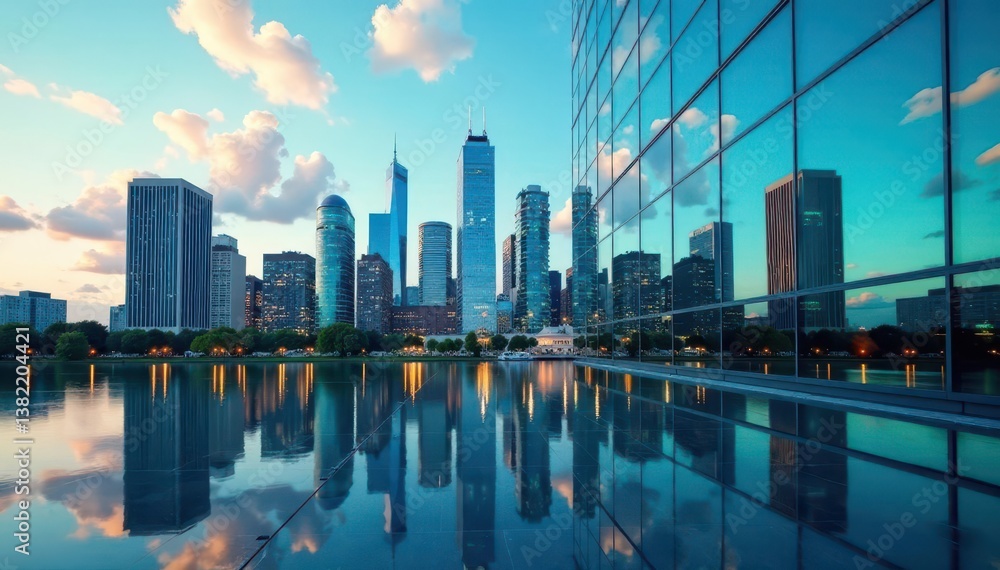 Obraz premium Skyline mirrored in modern glass building facade, real estate, image, property