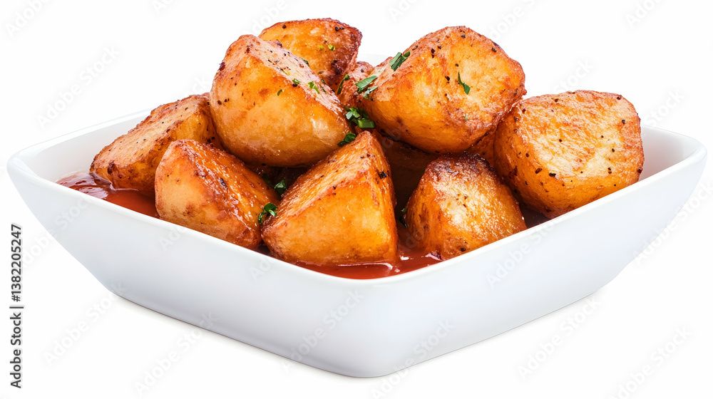 Roasted potato wedges in a white bowl with sauce and herbs Roasted potato wedges in a white bowl with sauce and herbs