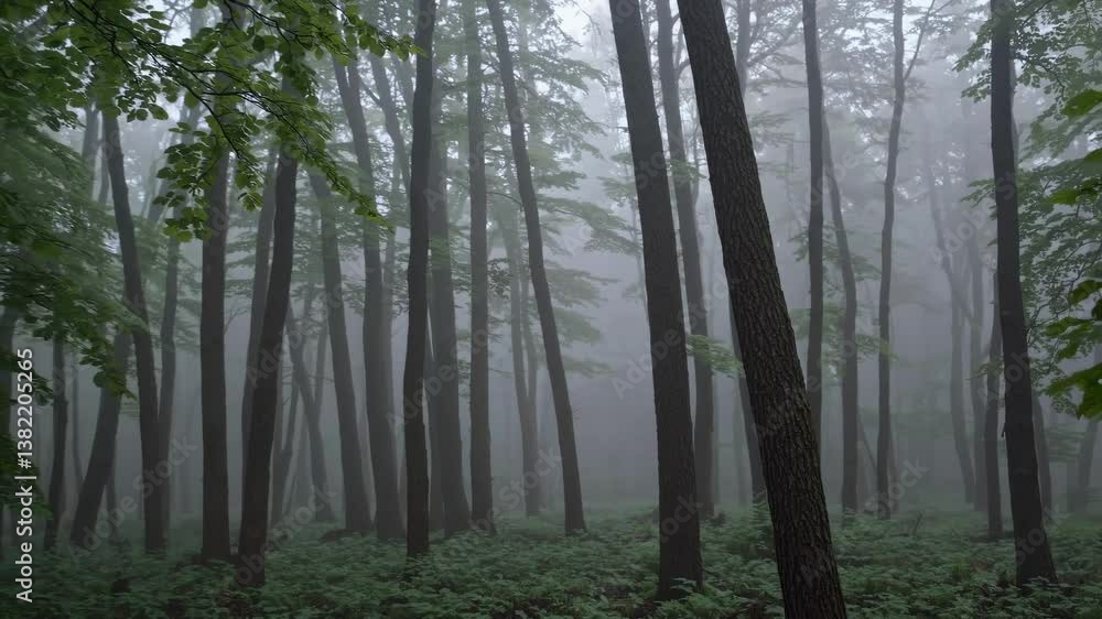 Exploring a misty forest with tall trees and dense greenery at dawn Exploring a misty forest with tall trees and dense greenery at dawn