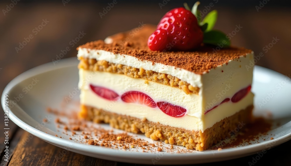 Individual portion of tiramisu, showcasing texture and layers , white background, gastronomy Individual portion of tiramisu, showcasing texture and layers , white background, gastronomy