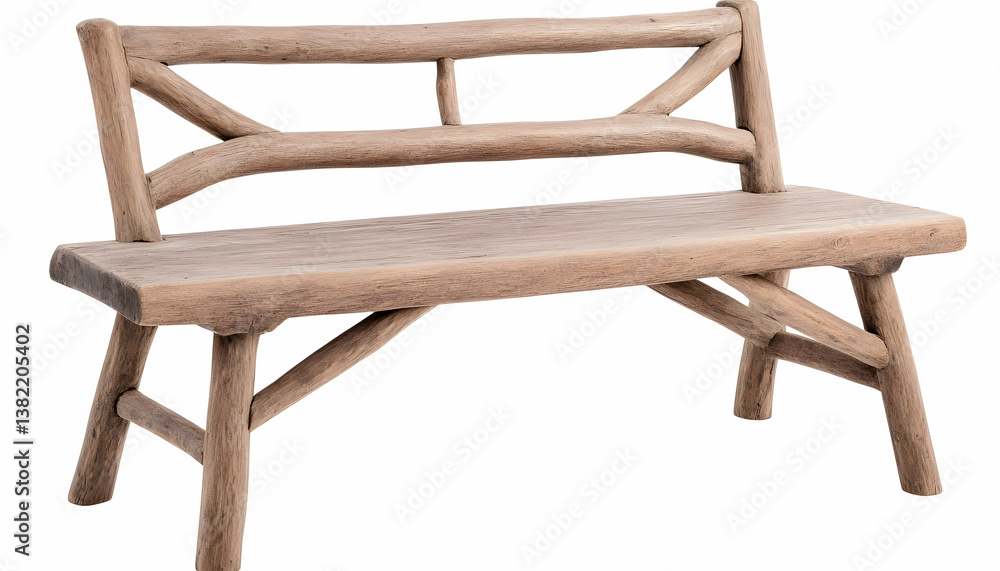 Rustic wooden bench with natural wood grain, simple design, and a backrest Rustic wooden bench with natural wood grain, simple design, and a backrest