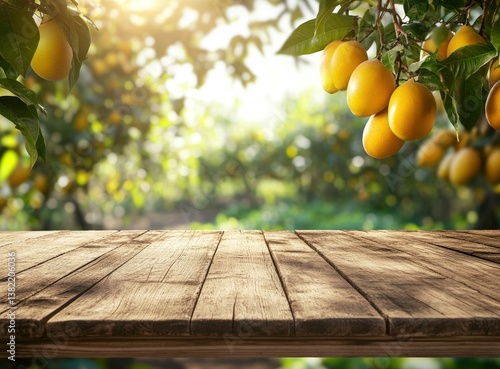 Ripe Lemons Hanging Above Rustic Wooden Table Ready for Product Display