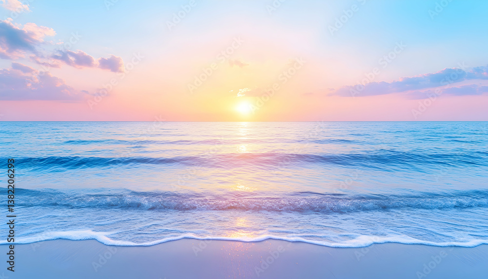 Serene pastel sunrise over calm ocean waves lapping a sandy shore Serene pastel sunrise over calm ocean waves lapping a sandy shore