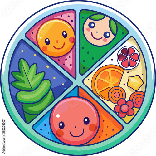 A vibrant close-up shot of a divided children's plate featuring three distinct, brightly colored sections for food.  Show appealing textures and potential food types within each section.