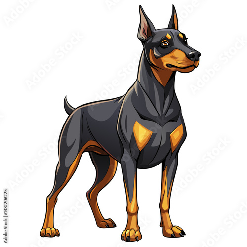 A majestic Doberman Pinscher, ears erect, stands alert in a protective stance, muscles tense, showcasing its powerful physique and loyal demeanor.