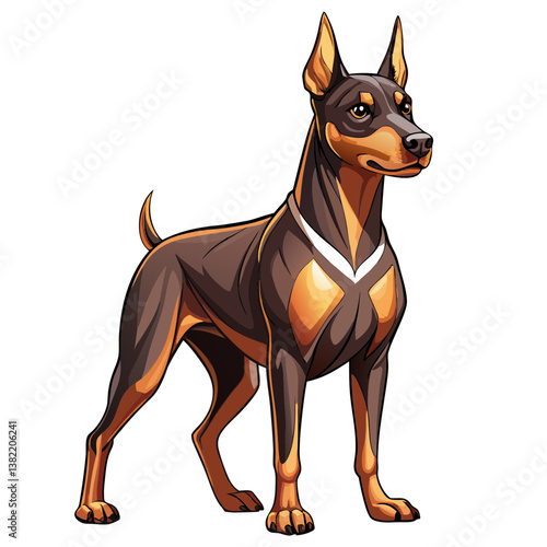 A majestic Doberman Pinscher stands alert, exhibiting a protective stance; muscular physique, intense gaze, ears erect.