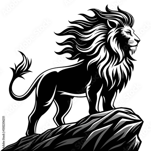 A majestic, fierce lion silhouette dramatically perched atop a rugged rock, showcasing its powerful posture at sunset.