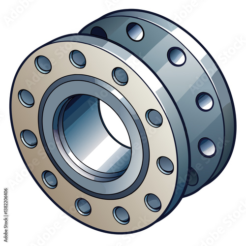 Detailed close-up of a flanged pipe with evenly spaced bolt holes around its circular rim, showing industrial-grade metal texture.