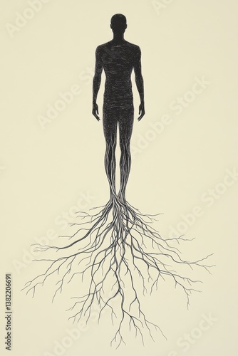 Human silhouette growing from tree roots	