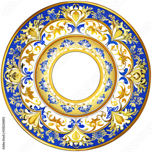 A lavish gold-rimmed porcelain plate, displaying intricate cobalt blue floral patterns, fit for royalty.  High-resolution, detailed image.