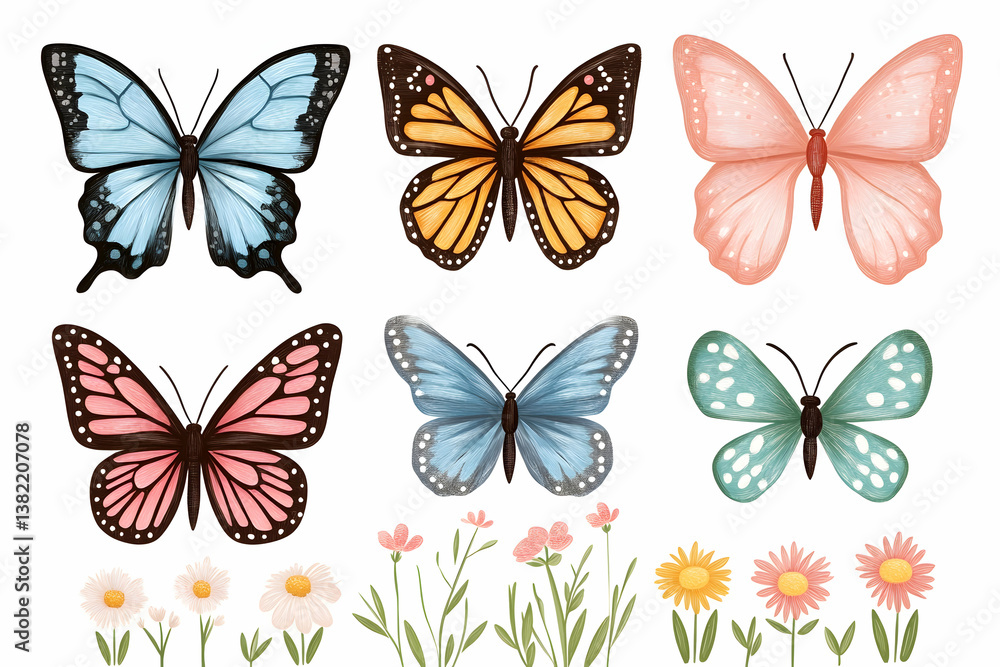 Six colorful butterflies and flowers on white Six colorful butterflies and flowers on white