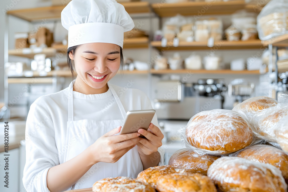 Smiling baker checks orders on phone amidst freshly baked bread Smiling baker checks orders on phone amidst freshly baked bread