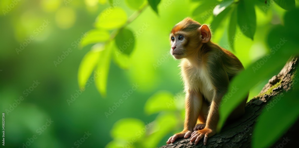 A brown monkey sitting amidst green foliage on a tree, primate, jungle, nature scene A brown monkey sitting amidst green foliage on a tree, primate, jungle, nature scene