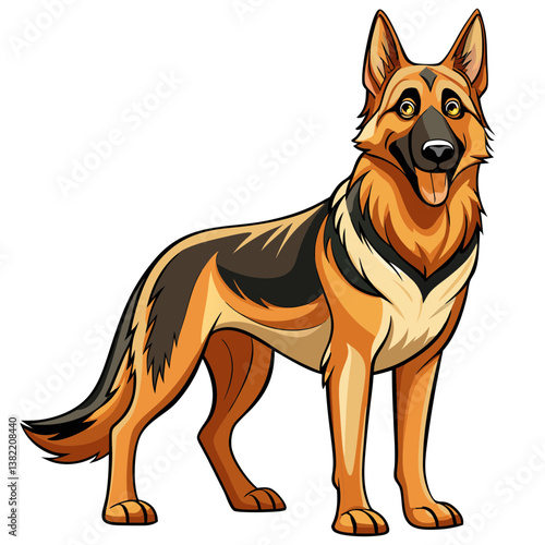 A majestic German Shepherd dog stands proudly, showcasing its powerful physique and alert expression.  A partially visible object ('p(1)') is near.