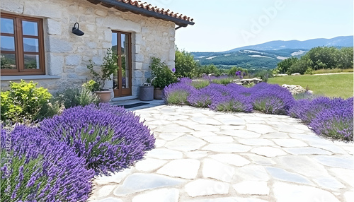 Stone house entrance with lavender, patio, and scenic mountain view