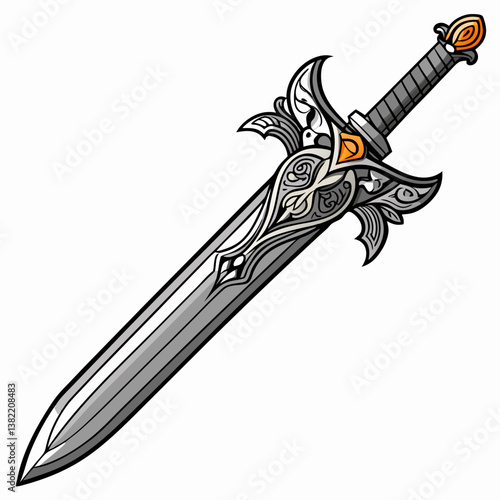 A meticulously detailed image of a medieval knight's sword, showcasing an ornate, jewel-encrusted hilt and a finely etched blade.  Focus on the intricate details of the hilt.