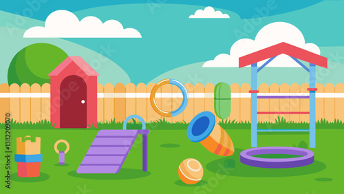 A backyard obstacle course set up by the kids using items from the garage like hula hoops and lawn chairs.. Vector illustration