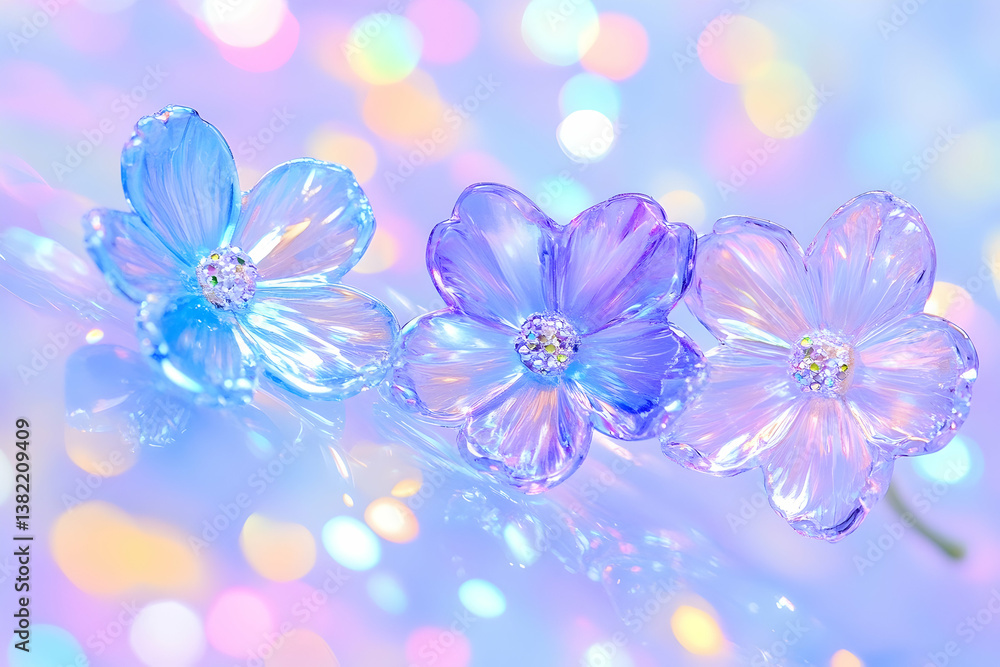 Three iridescent glass flowers on a shimmering background Three iridescent glass flowers on a shimmering background