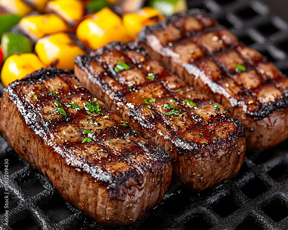 Three grilled steaks with vegetables on a grill Three grilled steaks with vegetables on a grill