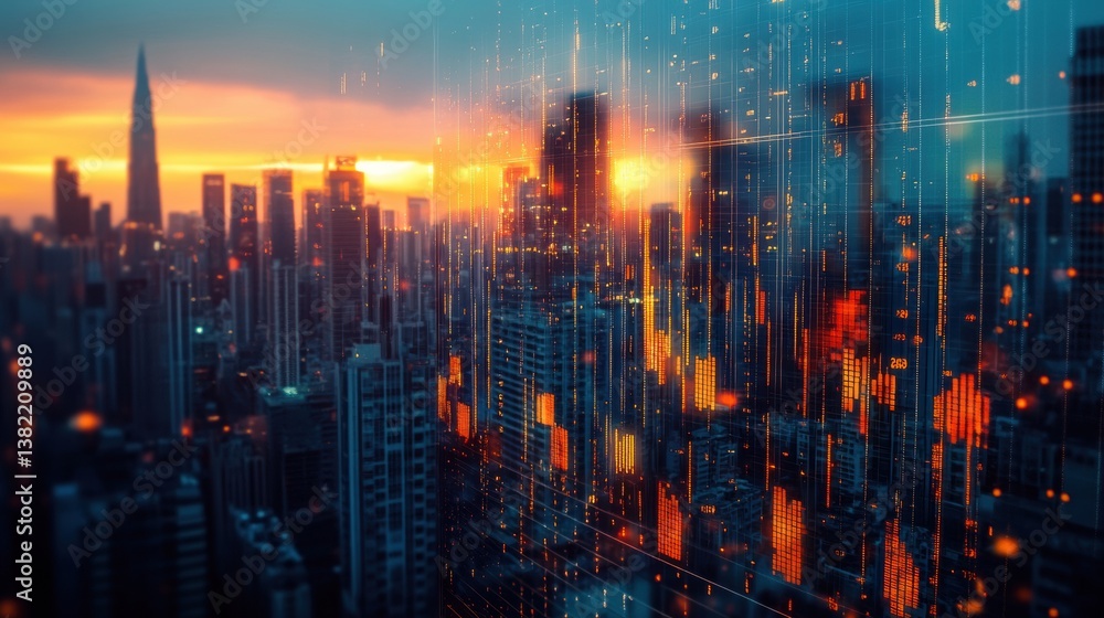A stunning skyline illuminated by the sunset, featuring skyscrapers and digital data overlays, merging urban beauty with technology. A stunning skyline illuminated by the sunset, featuring skyscrapers and digital data overlays, merging urban beauty with technology.