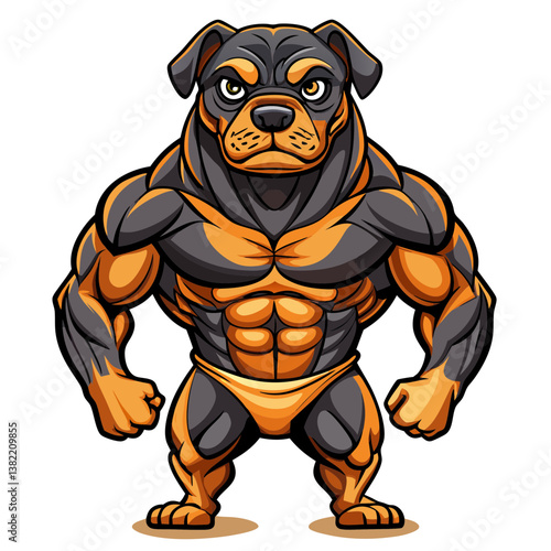 A powerful, muscular Rottweiler dog in a protective guarding stance, showcasing its strong physique and alert expression.
