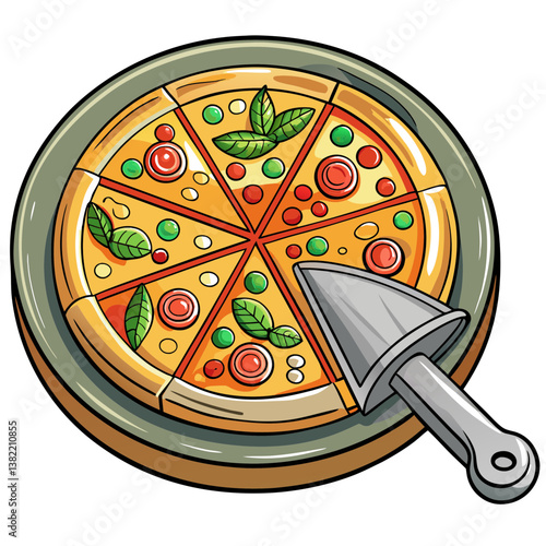 Close-up shot of a pizza plate featuring an integrated slicer guide and generous serving of green vegetables.