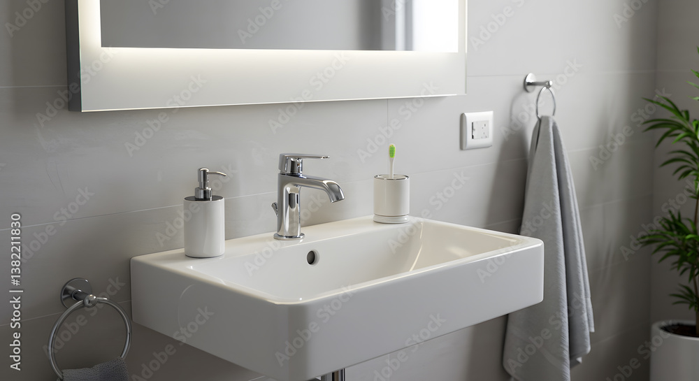 Modern Minimalist Bathroom Sink with LED-Lit Mirror and Chrome Fixtures Modern Minimalist Bathroom Sink with LED-Lit Mirror and Chrome Fixtures