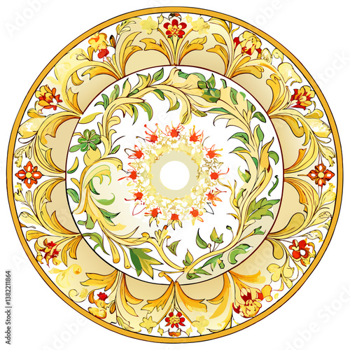 Exquisite round porcelain plate, gold gilded trim, intricate detailing, elegant design, luxury tableware.