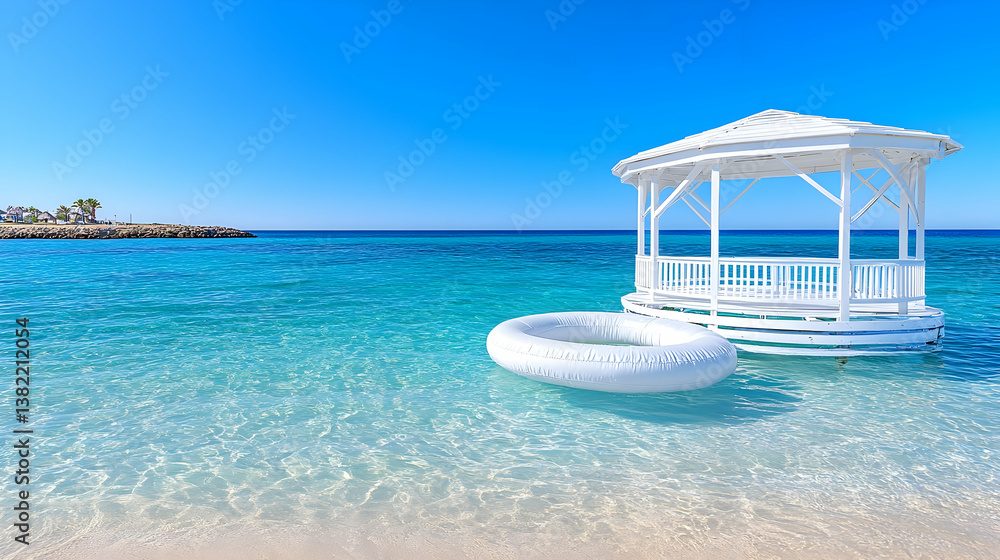 Obraz premium White gazebo on a turquoise beach with inflatable ring