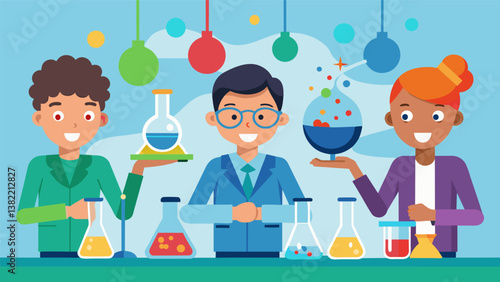 A group of 11th graders demonstrating the effects of acids and bases on different substances with colorful liquids and reactions.. Vector illustration