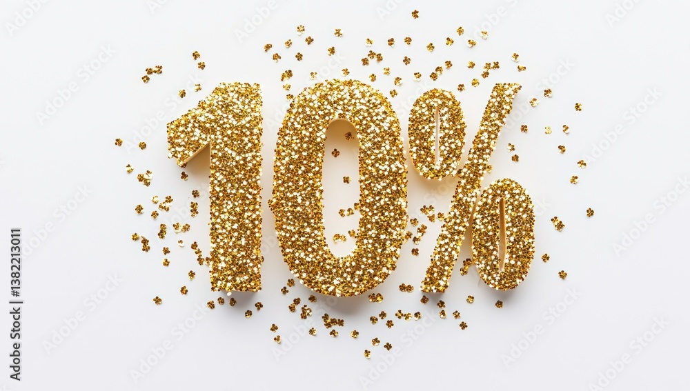 ten percent discount offer presented in a sparkling gold texture with scattered golden confetti accents against clean bright background ten percent discount offer presented in a sparkling gold texture with scattered golden confetti accents against clean bright background